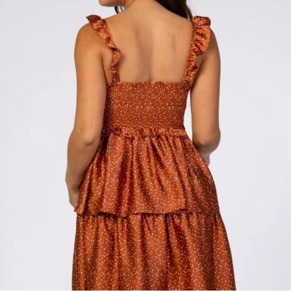 Storia Smocked Tiered Maternity Rust Polka Dot Midi Dress in Size Small - Picture 2 of 14